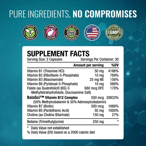 Vista 7 de Approved Science Complejo B metilado - Complejo completo de vitamina B bioactiva - Folato (5-MTHF), vitamina B12 metilada, P5P - Soporte