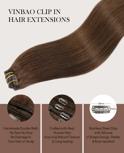 Vista 31 de VINBAO Extensiones de cabello humano con clip, balayage, color marrón ceniza a rubio caramelo, 14 pulgadas, 6 unidades, 3.53 onzas, 6
