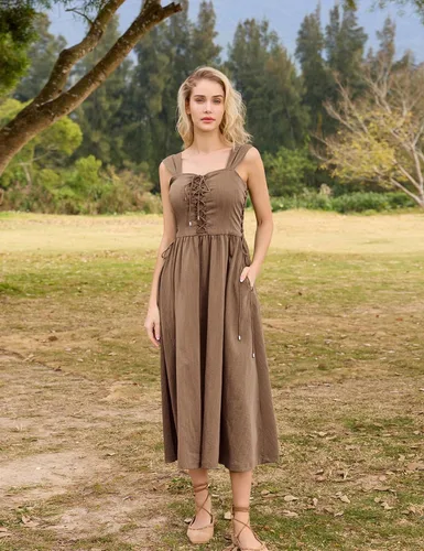 Vista 9 de Scarlet Darkness Vestido midi de verano renacentista para mujer, sin mangas, con cordones