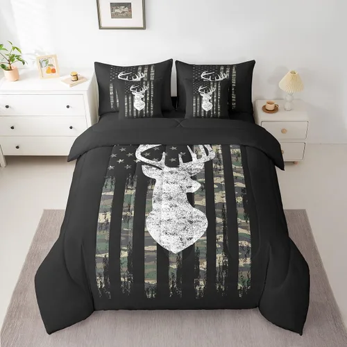 Vista 128 de Feelyou Juego de edredón de ciervo con sábanas – Tamaño Queen 7 piezas Juego de ropa de cama infantil de caza rústica – Cama de ciervo de cabaña