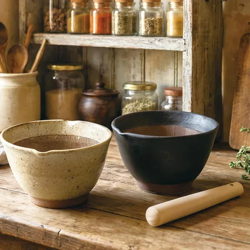 Vista 8 de Asayu Japanese Ceramic Black Mortar Bowl with Wooden Pestle 6.3 in (160 mm), Made in Japan Dishwasher and Microwave Safe Ripple Ridge Suribachi and