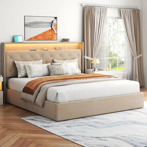 Vista 3 de Loomie Marco de Cama Queen Elevable con Estación de Carga y Luces LED, Cama Tapizada con Cabecera de Almacenamiento Capitoné con Respaldo Alto