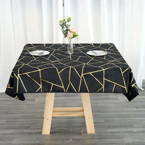Vista 7 de Mesa cuadrada de poliéster de 54 x 54 pulgadas, color negro con diseño geométrico metálico dorado