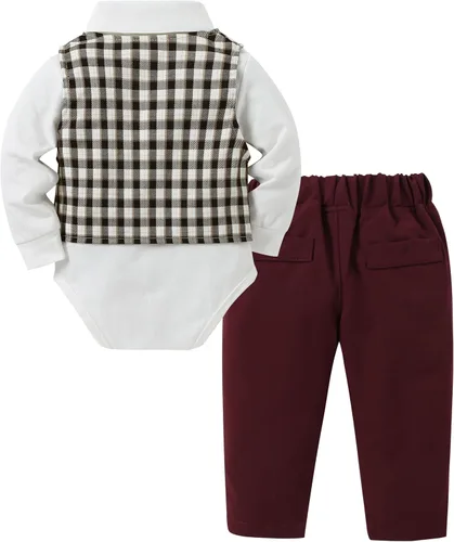 Vista 2 de DISAUR - Conjunto de ropa para bebé niño pequeño, 4 piezas de vestido de caballero + chaleco + pantalones + corbatín de algodón