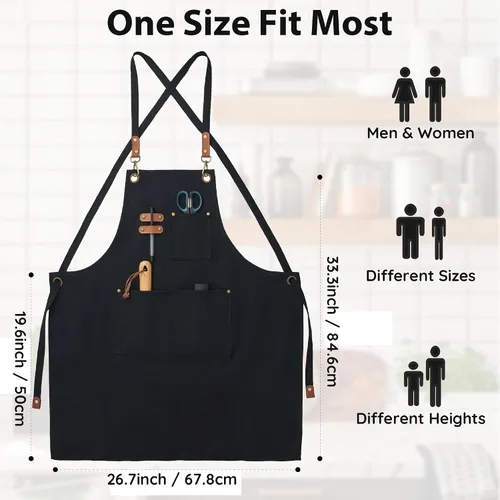 Vista 5 de Delantales de lona, delantales de chef de cocina, delantales de trabajo para hombres y mujeres, delantales con correa ajustable con 3 bolsillos