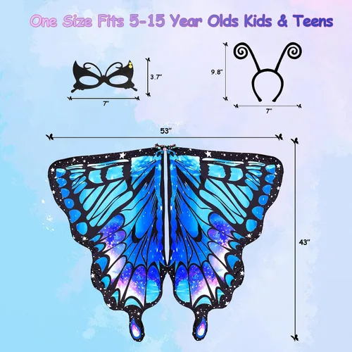 Vista 5 de Tibeha ButterflyWingsforWomen Kids - Double-SidedPrintingCostumeHalloweenGirls CapewithMaskandAntennaHeadband