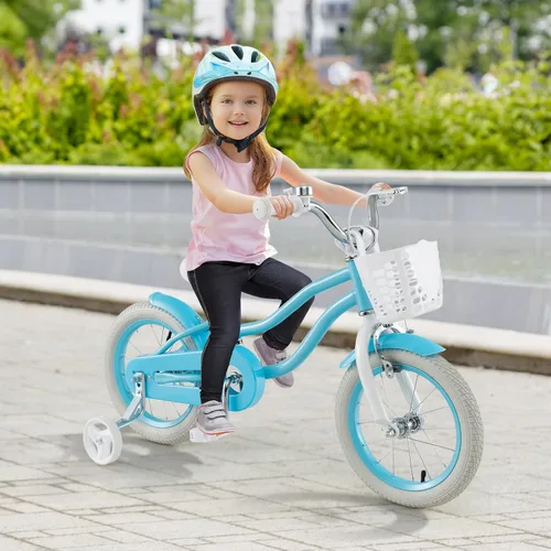 Vista 7 de HONEY JOY Bicicleta para niños de 12, 14, 16, 18, 20 pulgadas, con ruedas de entrenamiento, freno de mano y freno de posavasos, cadena totalmente