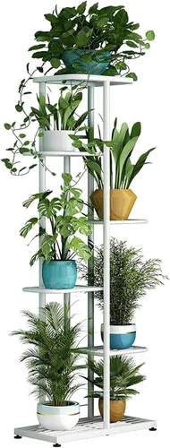 Vista 9 de LINZINAR Soporte de metal para plantas de 4 niveles y 5 macetas, estante múltiple para macetas para interiores y exteriores, unidad de estantería