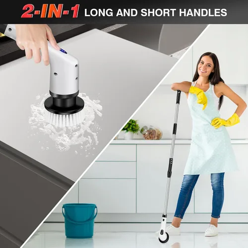 Vista 3 de HSHa Limpiador eléctrico giratorio, limpiador de ducha inalámbrico con mango largo, 2 velocidades ajustables, cepillo de limpieza de ducha con 10