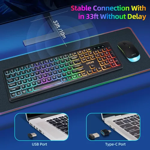 Vista 3 de Combo de teclado y mouse inalámbricos, teclado y mouse recargables con luz LED arcoíris de 2.4 GHz, mouse silencioso y teclado para Mac, Windows