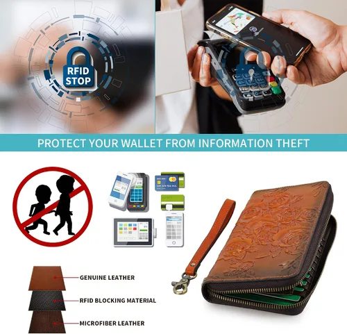 Vista 6 de Cartera de cuero con bloqueo RFID para mujer, de gran capacidad, con correa de mano desmontable