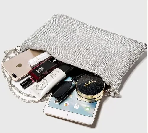 Vista 5 de Bolso de noche con diamantes de imitación, elegante y brillante para mujer, bolso de hobo brillante, bolso plateado brillante para boda, fiesta, club