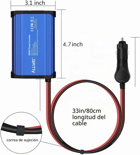Vista 8 de ALLWEI Inversor de corriente para automóvil de 300 W, convertidor de CC de 12 V a 110 V CA, adaptador de enchufe de automóvil con toma de corriente