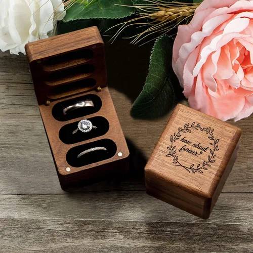 Vista 2 de Caja de madera para anillos de 3 anillos, ceremonia de boda, caja de madera grabada, accesorios de boda, cajas de anillos para ceremonia de boda