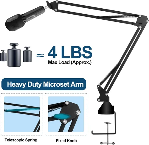 Vista 4 de Micrófono ajustable brazo de tijera con clip de micrófono y bridas para cables, resistente para Blue Yeti Nano Snowball Ice, HyperX QuadCast