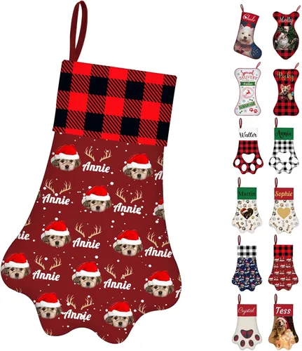 Vista 14 de Calcetines de Navidad personalizados con foto de nombre, medias personalizadas en forma de hueso para perros, gatos, mascotas, medias de Navidad