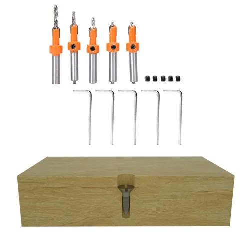 Vista 3 de Juego de 5 brocas avellanadas para taladrar madera, taladros para carpintería, taladros para carpintería, herramienta de carpintería con llaves
