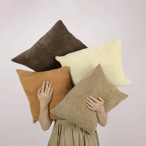Vista 9 de Lewondr - Fundas de almohada de pana, juego de 4 fundas cuadradas de 22x22 pulgadas, con diseños a rayas modernas, para sofá, sala de estar, Marrón