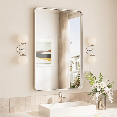 Vista 31 de TokeShimi Espejo de pared de baño de níquel cepillado de 20 x 30 pulgadas, marco de metal, esquina redonda, rectangular, para decoración del hogar