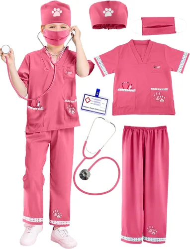 Vista 7 de Juego de 6 piezas de disfraz de médico animal para niños, ropa de veterinario para niños para el día de la carrera, Halloween, juego de rol, cosplay