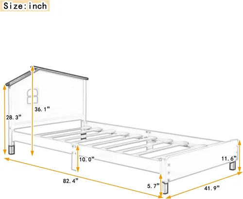 Vista 2 de Cama de plataforma de madera de tamaño individual con cabecera en forma de casa, soporte de listones de madera, para dormitorio de niños, niñas