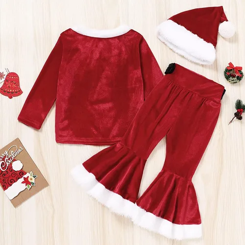 Vista 2 de AGQT Traje de Navidad para niñas pequeñas, conjunto de pantalones Snta Claus de manga larga, pantalones acampanados, sombrero talla 2-8T