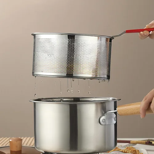 Vista 5 de Set de colador de pasta de 2 piezas, colador de fideos de acero inoxidable con asa extraíble, colador de pasta de metal, cesta para freidora
