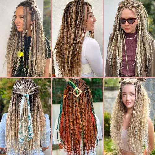 Vista 6 de Leeven Extensiones de Rastas Sintéticas de Doble Punta de 24 Pulgadas 30 Hebras Rastas Boho 613 Rubio 3 Estilos Mixtas Onduladas Rizadas DE Rastas