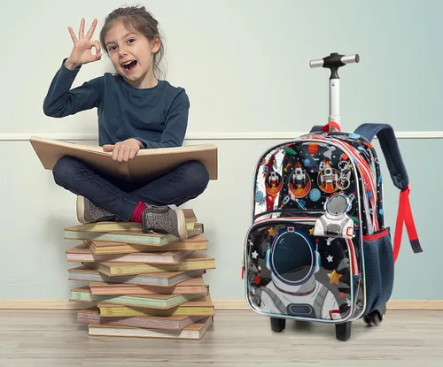 Vista 6 de Mochila transparente con ruedas para niños y niñas, Astronaut, Lindo