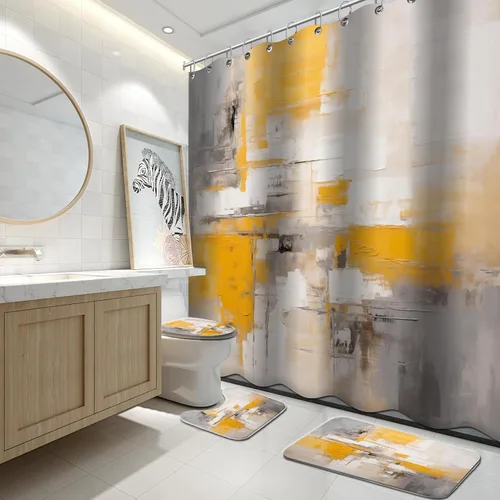 Vista 27 de Lnond 4 Piezas Juegos de Cortinas de Ducha de Baño Moradas con Alfombras, Arte de Pintura Púrpura y Gris Juegos de Baño con Cortina de Ducha