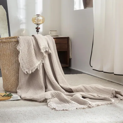 Vista 34 de FOSSA Manta de Muselina con Flecos - Gasa de Algodón 100% de 4 Capas Súper Suave y Transpirable - Manta Decorativa Ligera y Refrescante para Cama