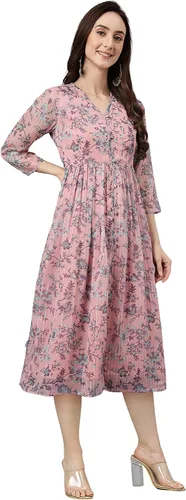 Vista 5 de Janasya Vestido acampanado con estampado floral de lúrex de gasa rosa para mujer