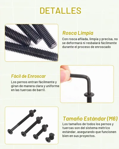 Vista 6 de Kit de repuesto de tornillos de cuna, 28 tornillos M6 y tuercas de barril para marco de cama, muebles, sillas y gabinetes, surtido de tornillos