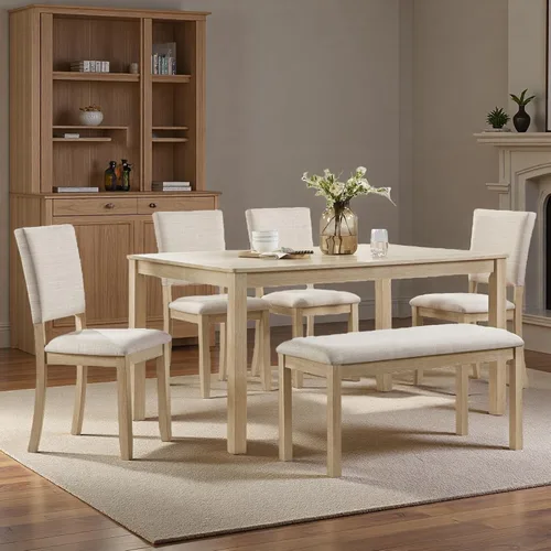 Vista 18 de Juego de mesa de comedor Trygoal para 5, juego moderno de 6 piezas para comedor con mesa rectangular, 4 sillas tapizadas con respaldo y un banco