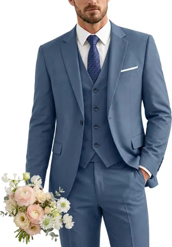 Vista 46 de Traje de 3 piezas para hombre con corbata, chaleco sólido de un botón y beige (529-beige)