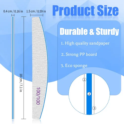 Vista 2 de BLESWIN Lima de uñas de grano 100/100, 25 piezas profesional de doble cara, herramienta gruesa reutilizable y lavable para uñas acrílicas y de gel