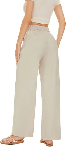 Vista 6 de FUNYYZO Pantalones de lino de cintura alta de pierna ancha para mujer, pantalones casuales de trabajo con cintura elástica