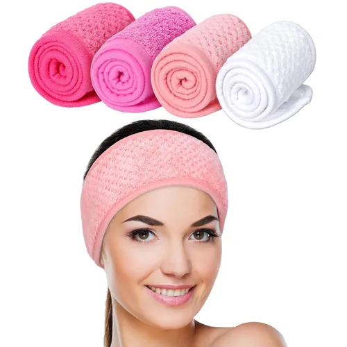 Vista 8 de Whaline Paquete de 4 diademas faciales de spa, bandas ajustables para el cabello, toalla suave para lavado facial, ducha, deportes, yoga