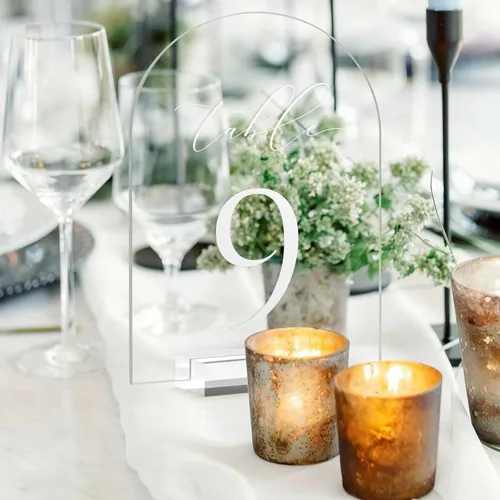Vista 7 de Números de mesa de arco transparente para boda, mesa de acrílico arqueada de 5 x 7 pulgadas, números 1-10 con soportes, letrero de arco de acrílico