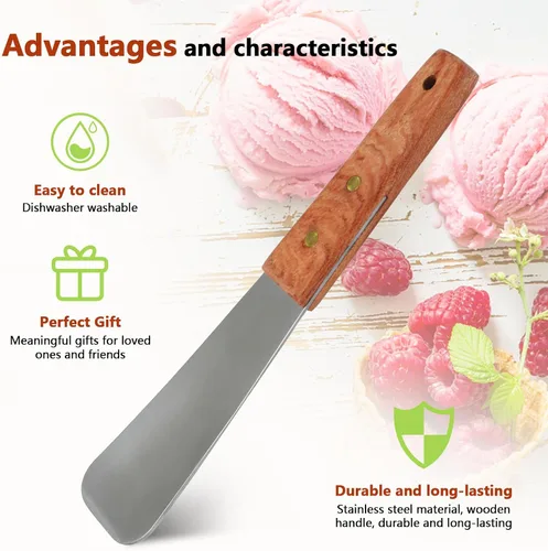 Vista 3 de Cuchara de helado de 2 piezas con mango de madera, pala de postre de acero inoxidable y cortador de mantequilla, herramienta esencial de cocina