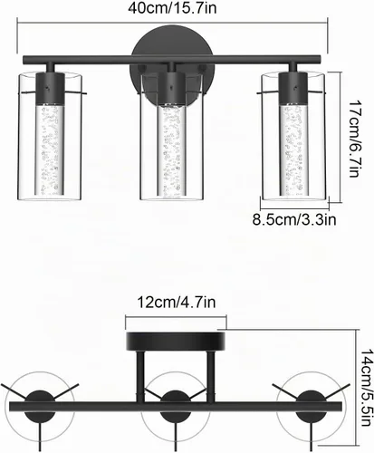 Vista 3 de Tipace Lámpara de tocador moderna, lámpara LED negra de 3 luces, accesorios de iluminación de baño de cristal sobre el espejo, accesorios