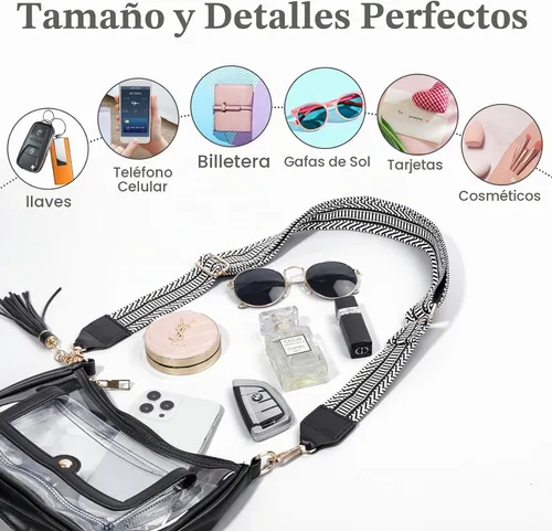 Vista 5 de Bolsa transparente para eventos de estadio, monederos transparentes para mujer, bandolera aprobada para estadios Negro