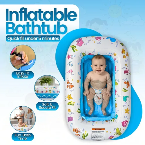 Vista 9 de Mommy's Helper Bañera inflable bajo el mar, bañera plegable y segura para bebé con asiento antideslizante de cuerno de sillín para niños, baño