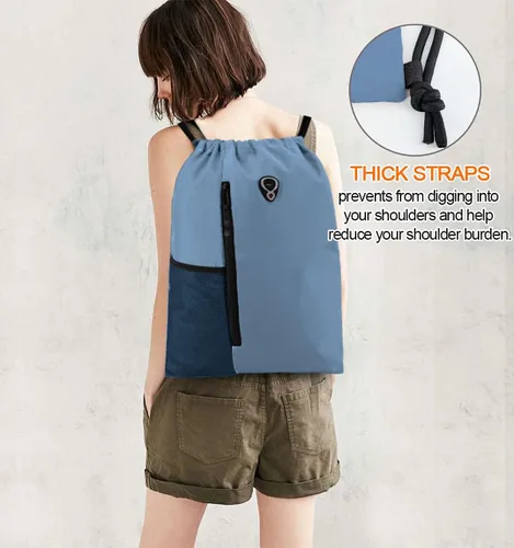 Vista 6 de Mochila con cordón, con estilo deportivo, bolsa de gimnasio para mujeres, hombres y niños, bolsa de gran tamaño con zíper y bolsillos de malla
