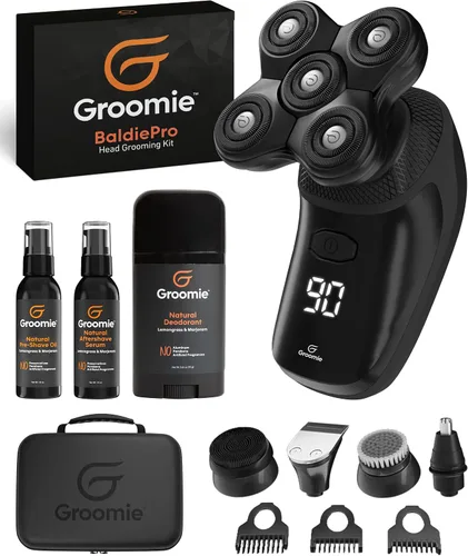 Vista 9 de GROOMIE Paquete sin pelo, no importa, afeitadoras eléctricas 5D BaldiePro para hombres calvos, aceite natural para preafeitado para promover