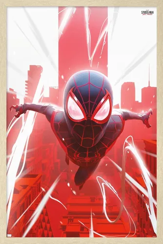 Vista 7 de Marvel's Spider-Man: Miles Morales - Póster de Falling Wall, 22.4 pulgadas de largo x 14.7 pulgadas de ancho, versión enmarcada de madera de granero