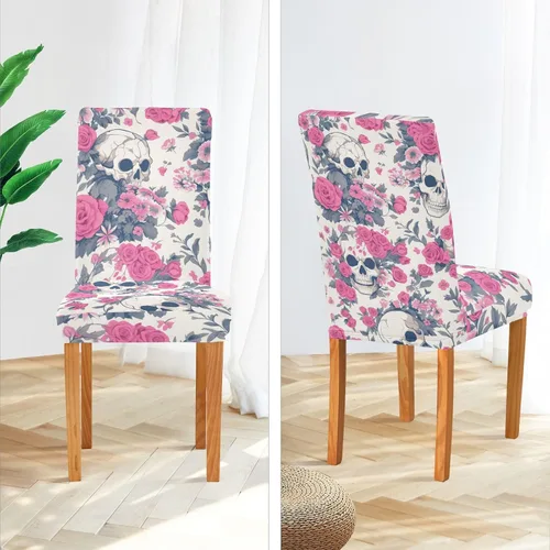 Vista 4 de Juego de 4 fundas decorativas para sillas decorativas de Halloween con calavera blanca y durazno para festivales (Pascua, graduación, etc.), fundas