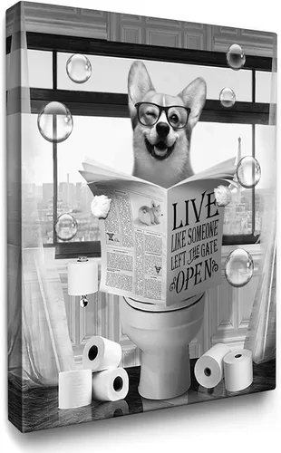 Vista 27 de Luslya Divertido arte de pared de alpaca para baño, linda alpaca sentada en el inodoro, lectura de periódicos, póster enmarcado en blanco y negro