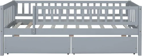 Vista 4 de Sofá cama de madera de tamaño individual, sofá cama de madera de mediados de siglo con dos cajones y listones de madera maciza, marco de sofá cama