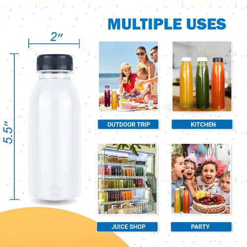 Vista 2 de Holotap 42 Pzas Botellas de Plástico para Jugo de 8 OZ con Tapas, Botellas de Plástico Desechables Transparentes Vacías a Granel con Tapas Blancas a